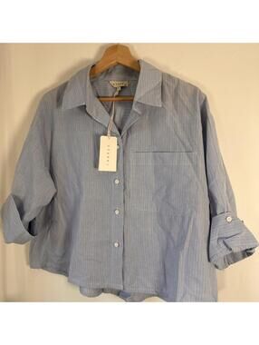 Stark X Blue Stripe Button Up Shirt Womens Size L Cropped Boxy Relaxed Cotton